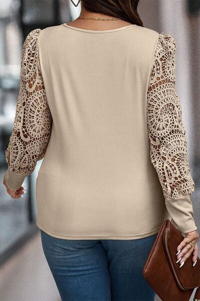 Plus Size Openwork Scoop Neck Long Sleeve Blouse