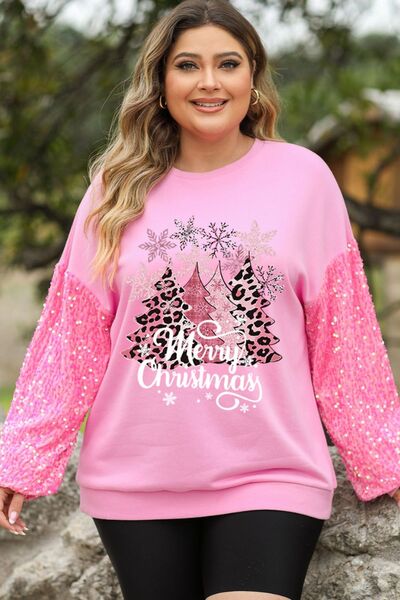 Plus Size MERRY CHRISTMAS Sequin Long Sleeve Sweatshirt