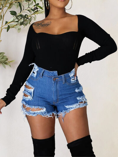 Distressed Raw Hem Denim Shorts with Pockets