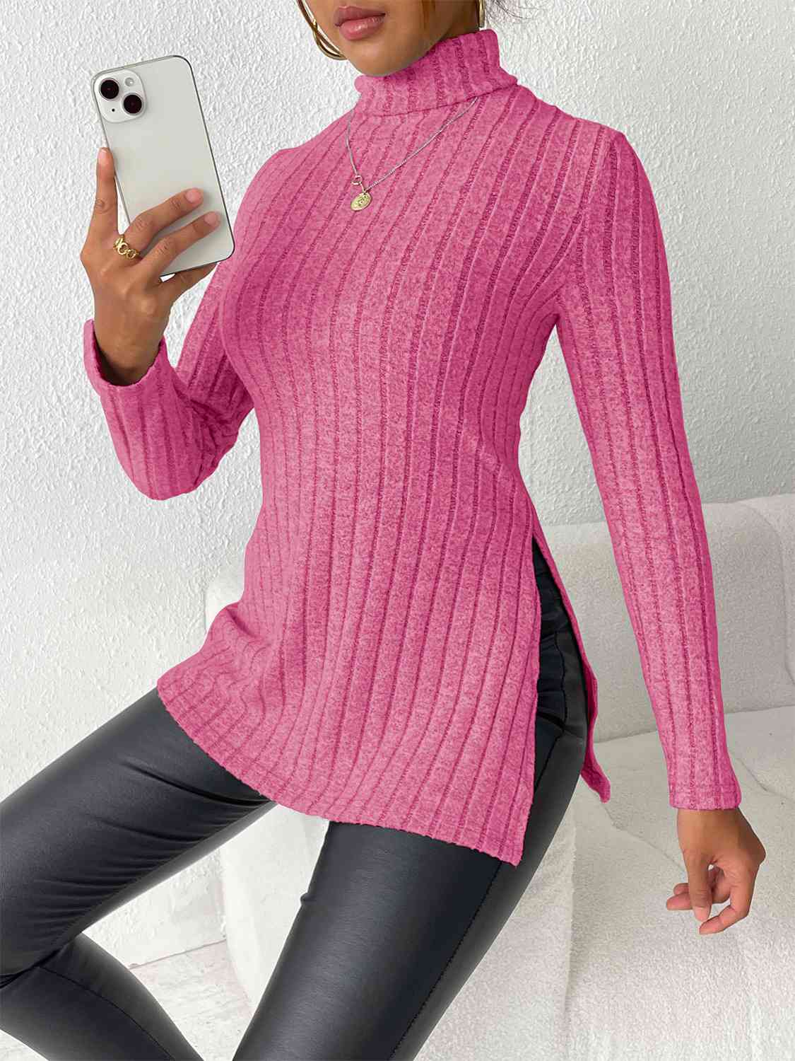 Ribbed Turtleneck Long Sleeve Slit T-Shirt