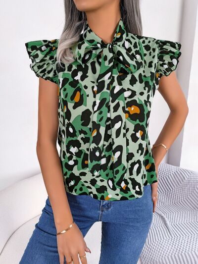 Leopard Tie Neck Cap Sleeve Blouse