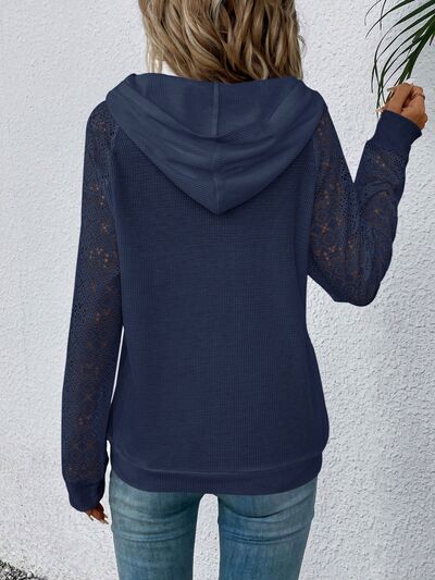 Waffle-Knit Lace Kangaroo Pocket Hoodie