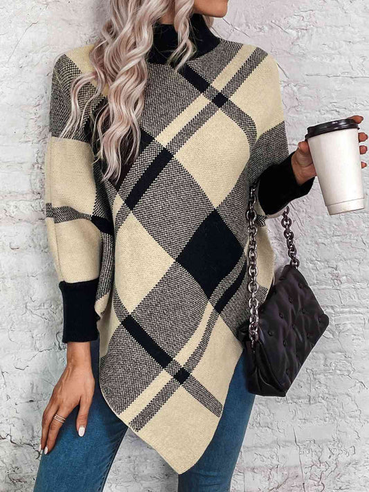 Plaid Turtleneck Poncho