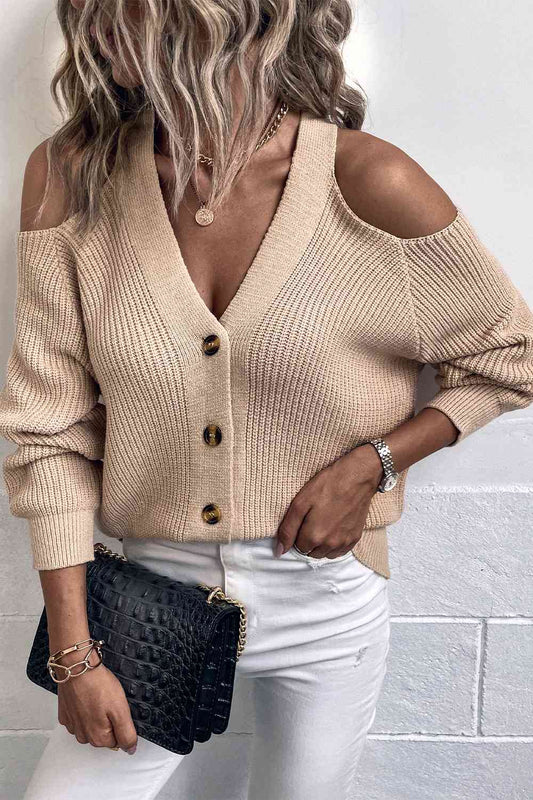 Cold Shoulder Plunge Neck Ribbed Cardigan