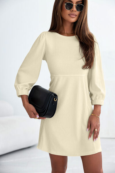 Ribbed Round Neck Balloon Sleeve Mini Dress