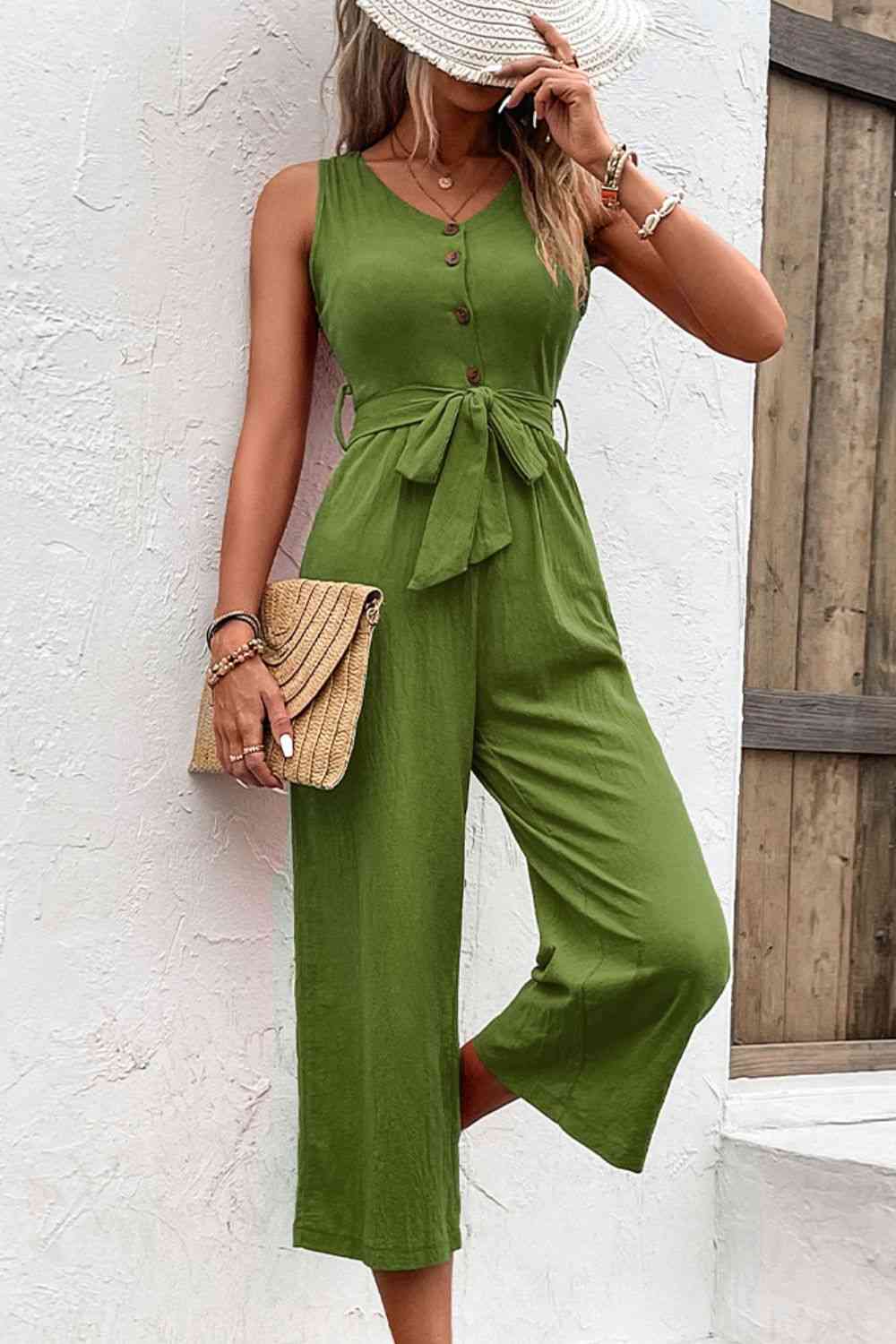 Tie Belt Sleeveless Jumpsuit with Pockets