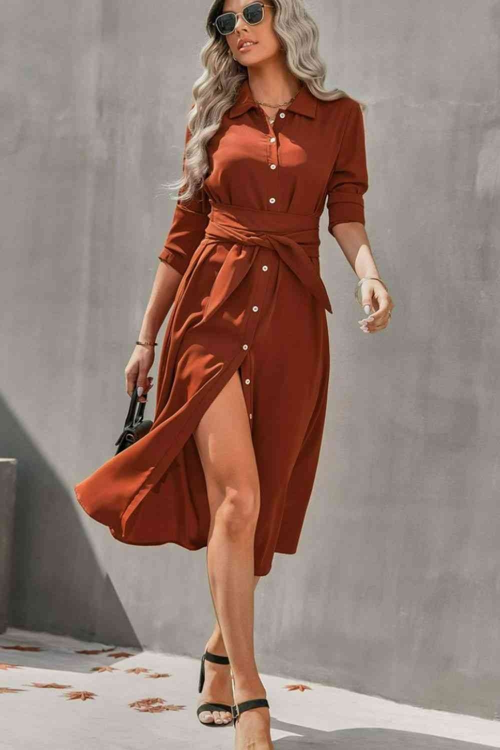 Collared Neck Tie Waist Midi Shirt Dress