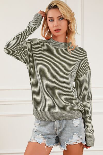 Striped Mock Neck Dropped Shoulder Sweater