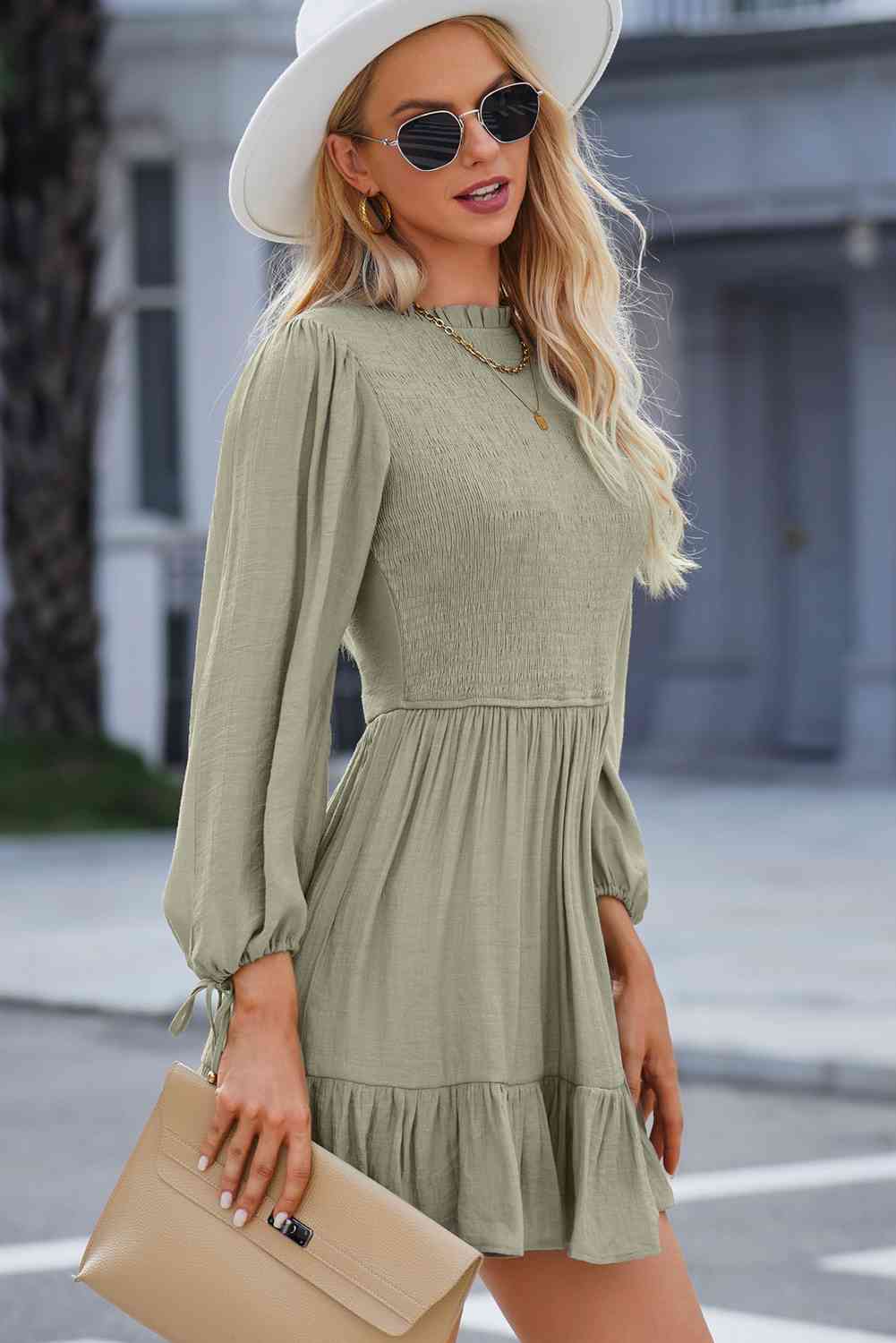 Smocked Tied Balloon Sleeve Mini Dress