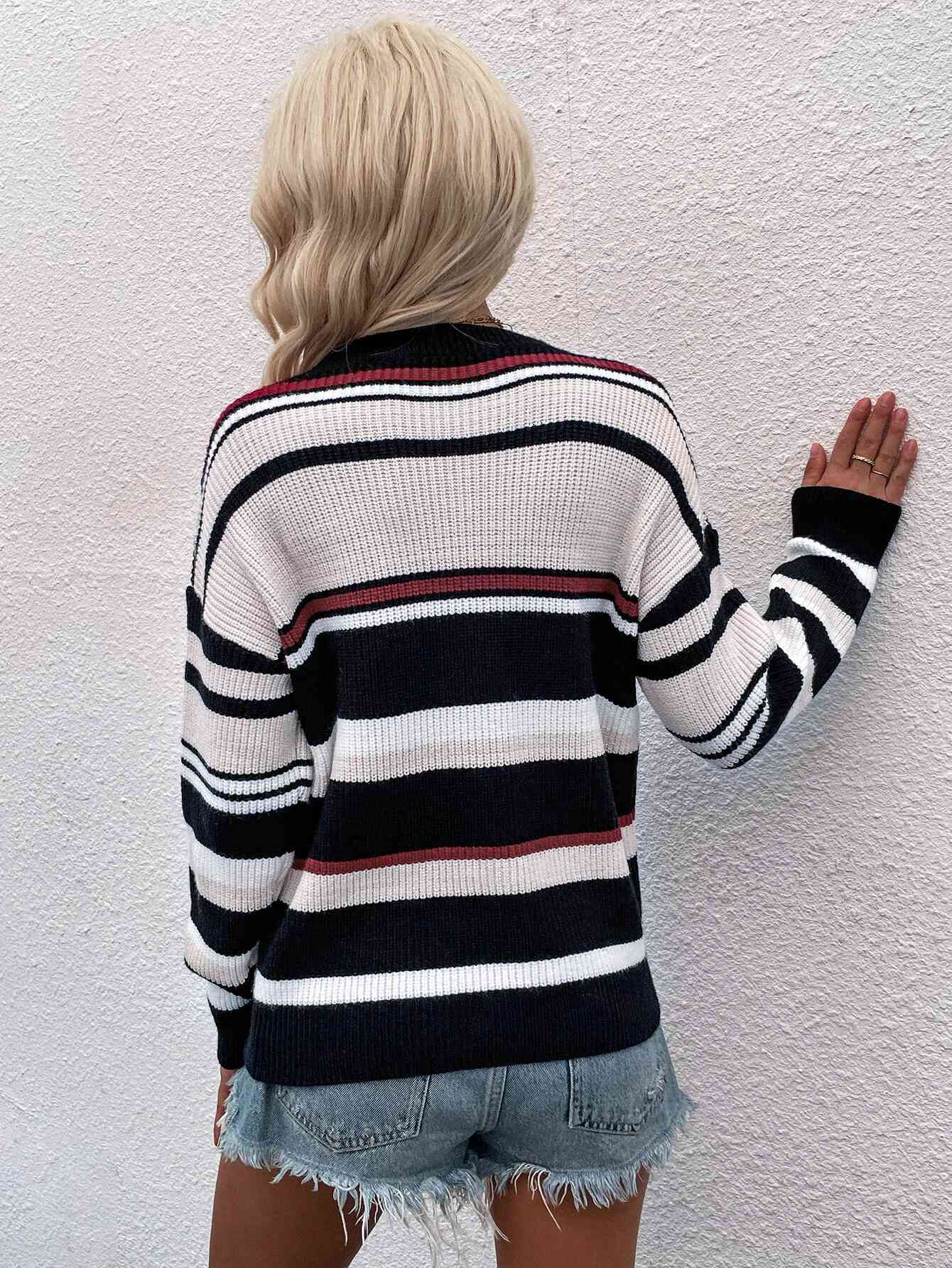 Striped Drop Shoulder Round Neck Pullover Sweater