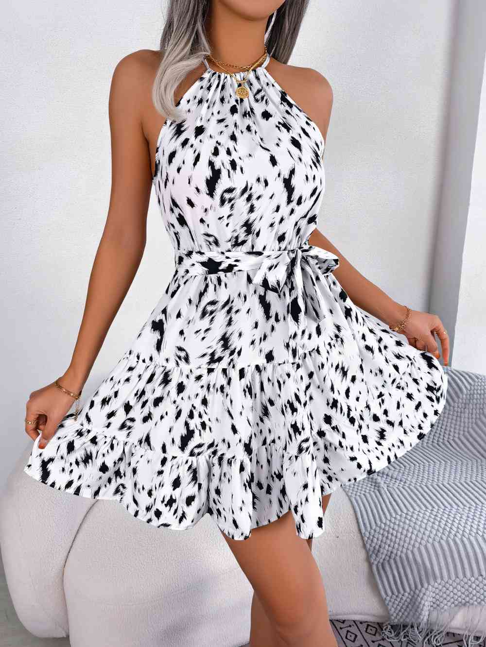 Halter Neck Printed Tie Waist Sleeveless Mini Dress