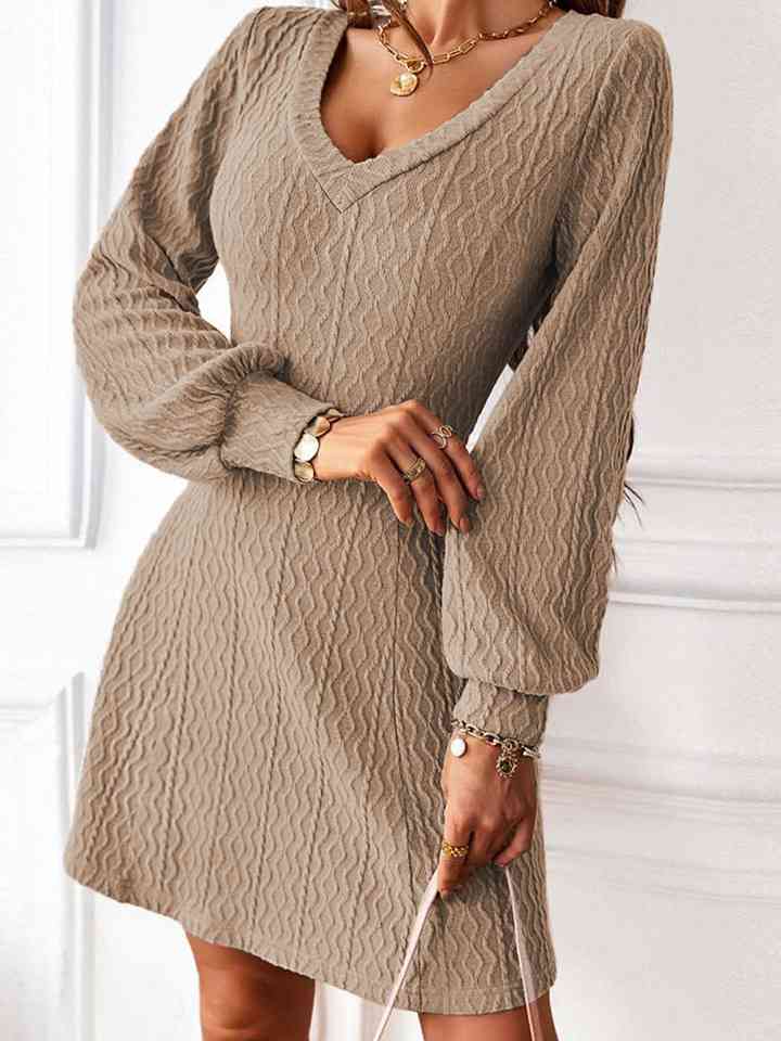 V-Neck Long Sleeve Mini Dress