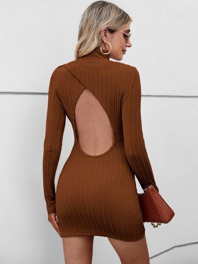 Cutout Mock Neck Long Sleeve Wrap Dress